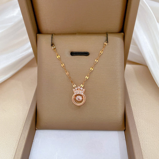 Elegant Crown-Shaped Pendant Necklace for Women with Rhinestone Inlay on Titanium Steel Chain, Adjustable Length Locket Style