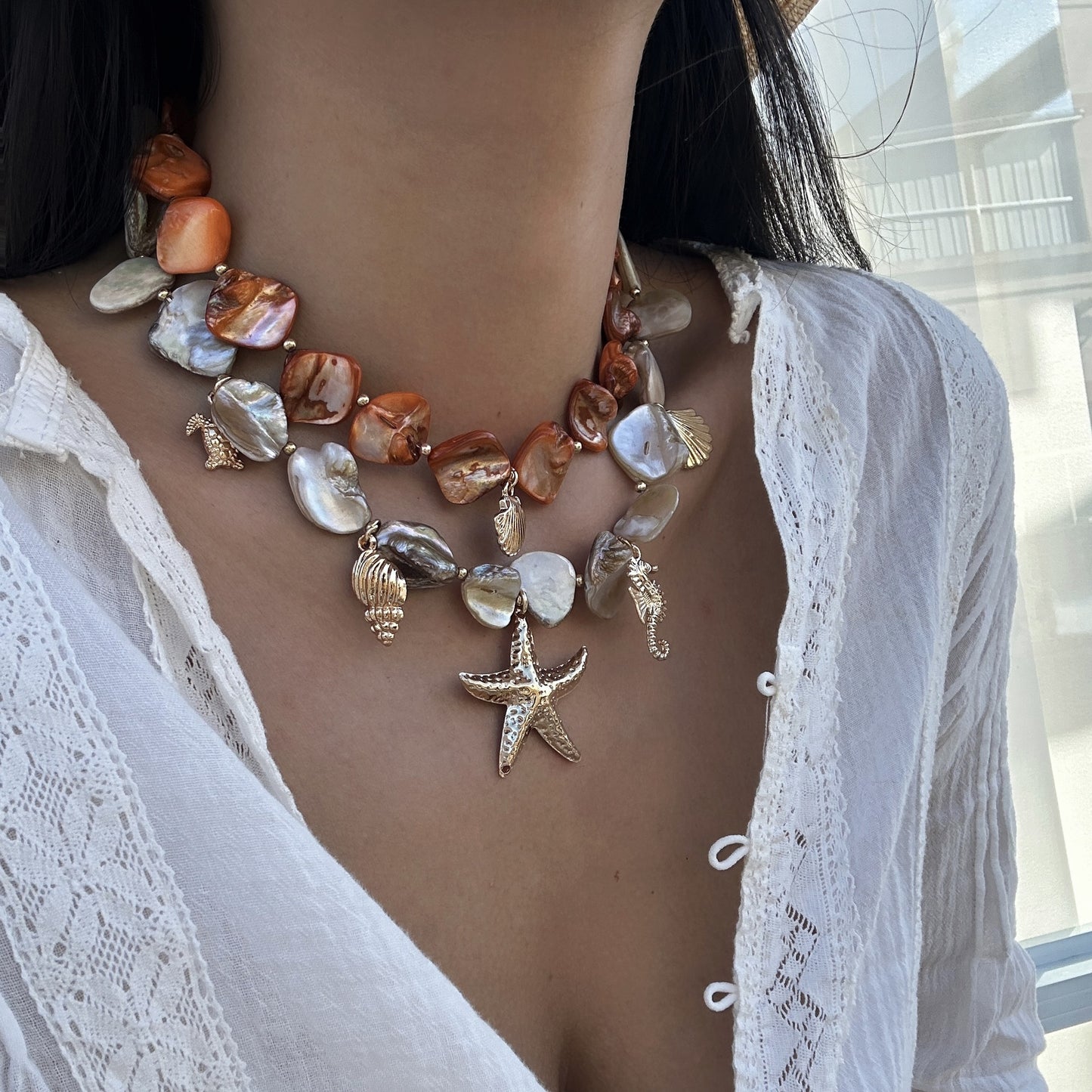 Sweet Geometric Star Shell Alloy Plated Necklace for Women