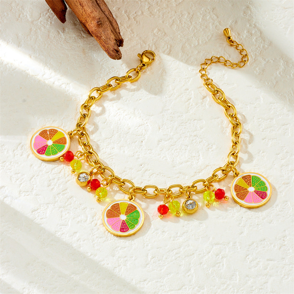 Sweet Cartoon Drip Oil Plated Stainless Steel Bracelet with Lemon Avocado Watermelon Pineapple Charms