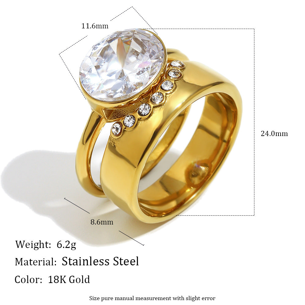 Minimalist Geometric Stainless Steel Plated 18K Gold Double Oval Zirconia Stackable Ring for Women