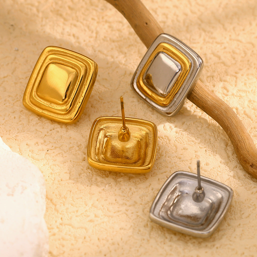 Geometric Square Frame Stud Earrings for Women in Stainless Steel with 18K Gold Plating
