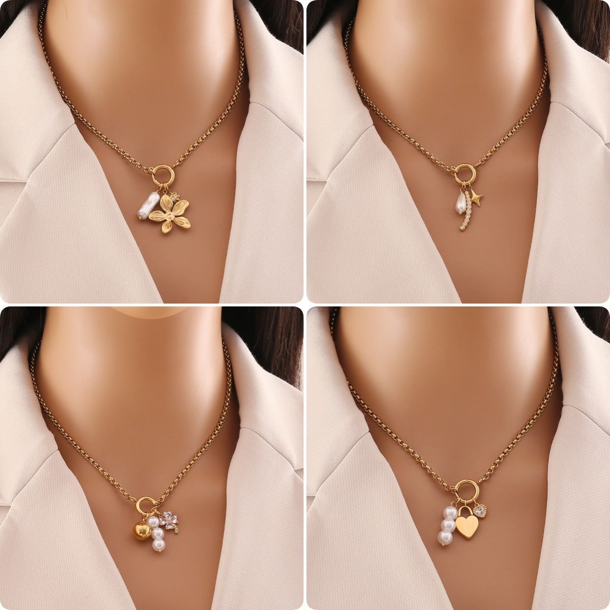 Elegant Heart Floral Stainless Steel Plated Necklace with Cable Chain Charm Bar for Women
