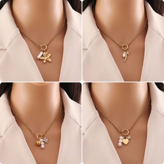 Elegant Heart Floral Stainless Steel Plated Necklace with Cable Chain Charm Bar for Women