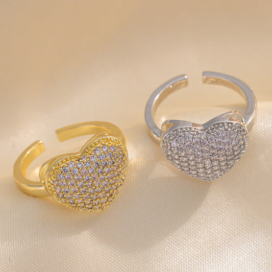 Anillo Abierto Ajustable de Circonita en Forma de Corazón Minimalista de Lujo para Mujer de Cobre Bañado en Oro