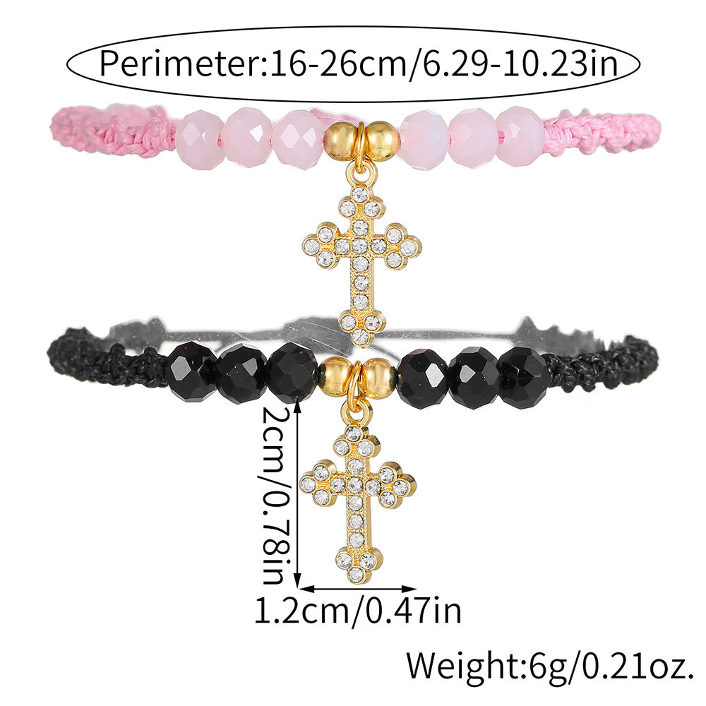 Geometric Cross Crystal Inlay Alloy Glass Bead Bracelet