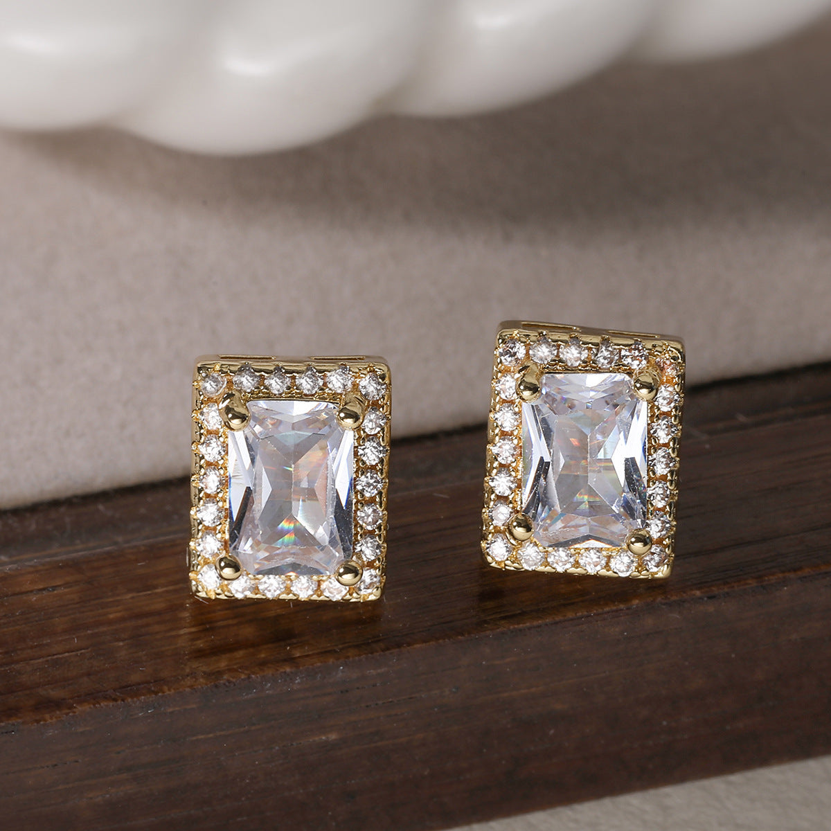 Minimalist Rectangular Zircon Stud Earrings for Women in Copper with 18K Gold Plating and Micro-Pave Setting