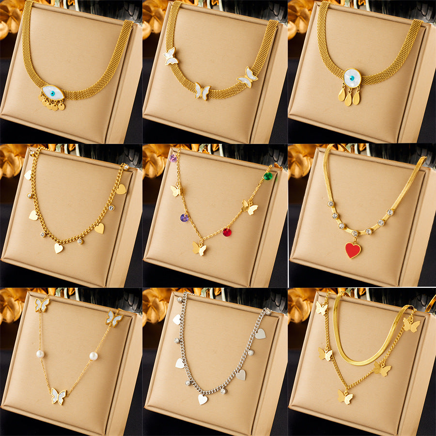 Fashionable Minimalist Butterfly Heart Pearl Pendant Necklace in Stainless Steel with Plated Finish for Women