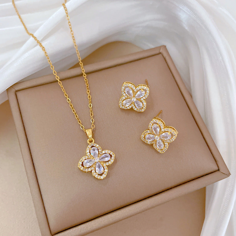 Luxury Fresh and Sweet Plated Brass Zircon Micro-Pave Earrings and Necklace Set