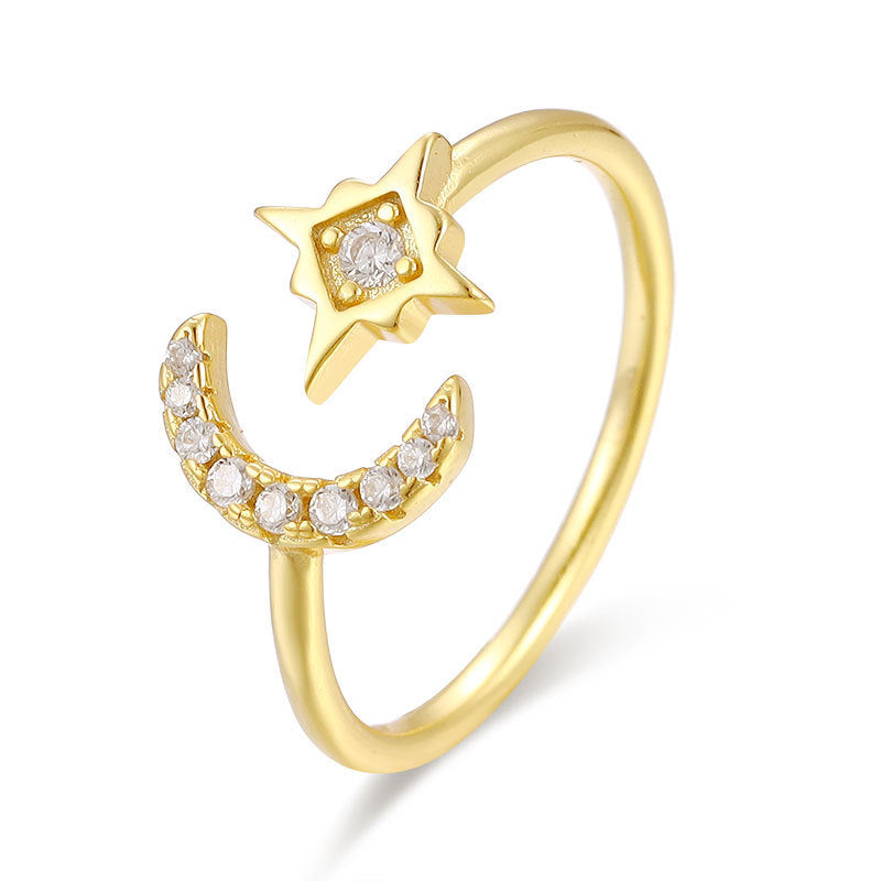 Anello minimalista a stella e luna da donna in argento sterling 925 con strass micro-pavé e finitura placcata