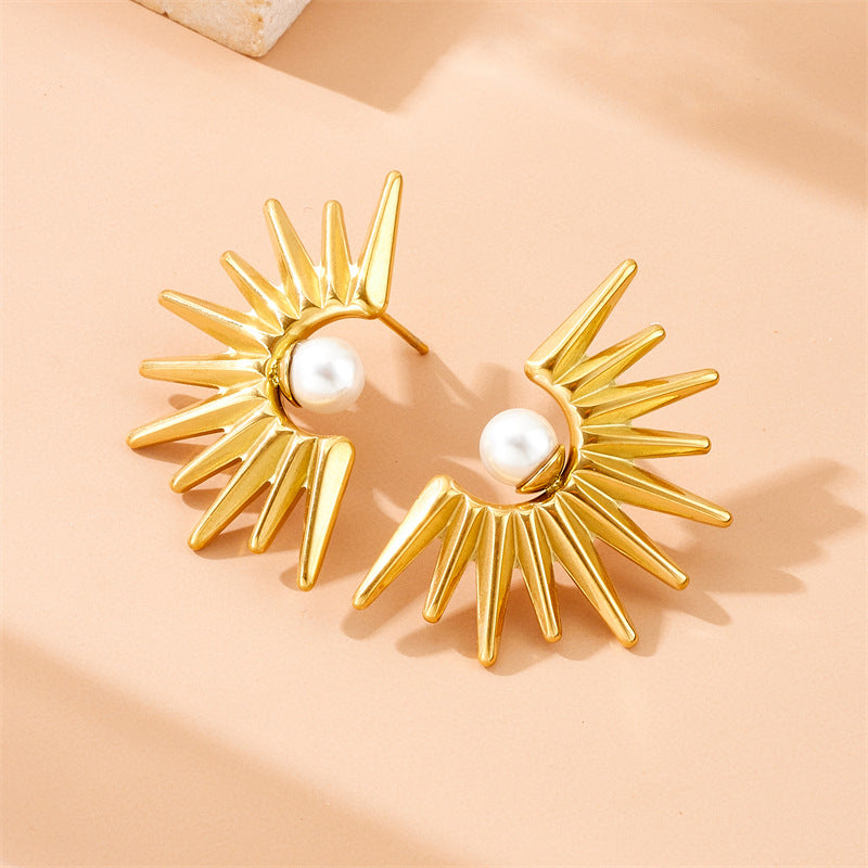 Conjunto de collar, aretes y anillo vintage de girasol con perlas para mujer, cadena de caja de acero inoxidable enchapado