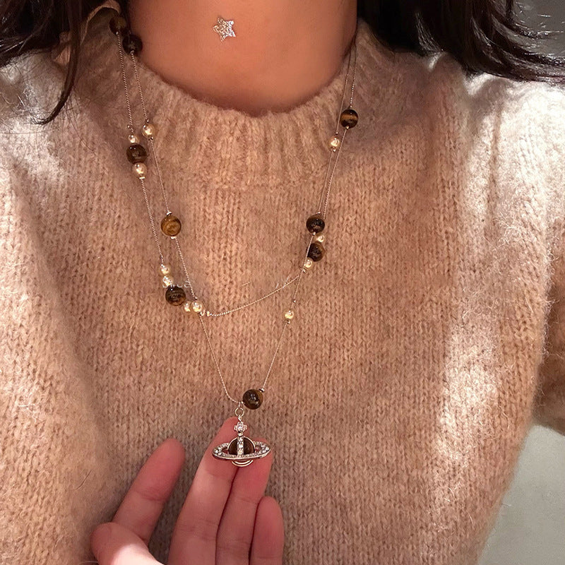 Collana con Ciondolo Saturno Retro Luxe con Perla Imitazione e Lega, Design a Stella, Finitura Galvanizzata, Delicata Catena per Clavicole da Donna