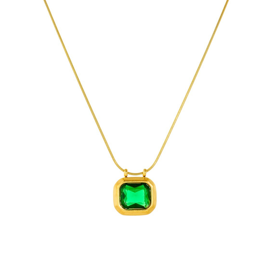 Vintage Geometric Square Round Rhinestone Inlay Gold Plated Stainless Steel Pendant Necklace with Snake Chain for Women