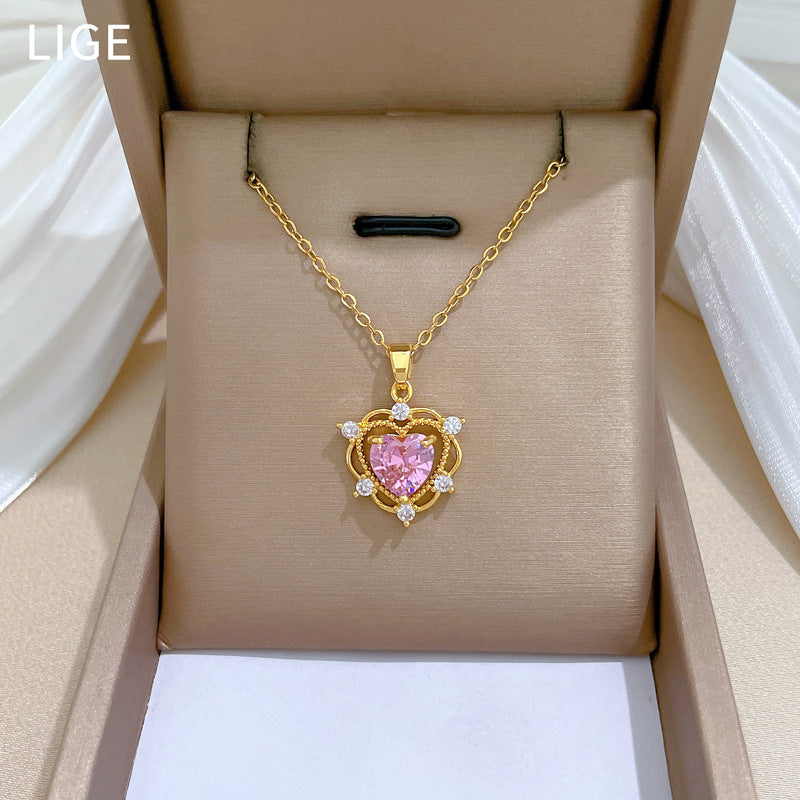 Luxury Titanium Steel Hollow Heart Pendant Necklace for Women with Full Rhinestone Inlay, Delicate Clavicle Chain in Geometric Design