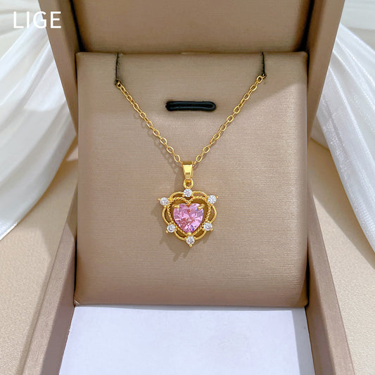 Luxury Titanium Steel Hollow Heart Pendant Necklace for Women with Full Rhinestone Inlay, Delicate Clavicle Chain in Geometric Design