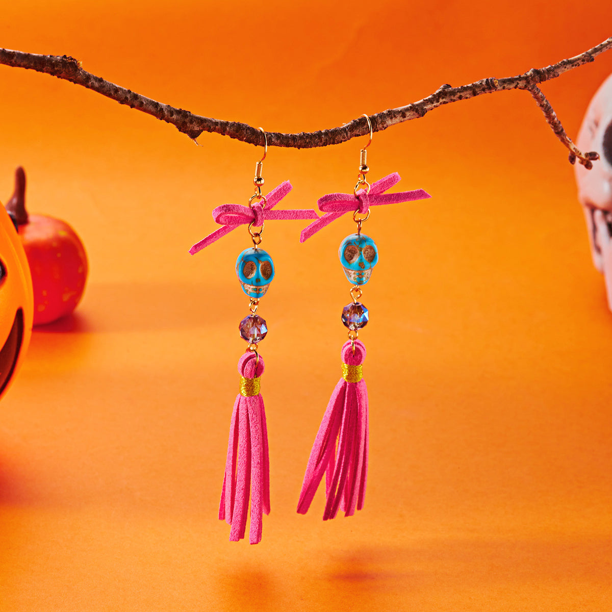 Creative Skull and Rose Tassel Bead Earrings Zinc Alloy Plated Unisex Holiday Jewelry