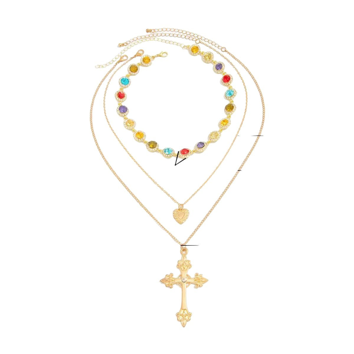 Casual Geometric Cross and Heart Rhinestone Inlay Alloy Pendant Necklace for Women
