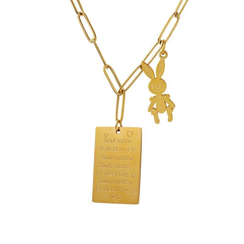 Rectangular Letter Rabbit Titanium Steel Plated Pendant Necklace for Unisex