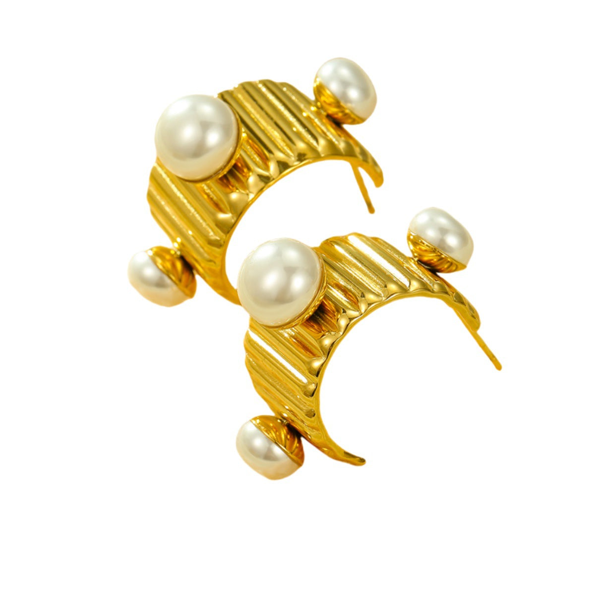 Aretes de acero inoxidable con forma de C, estilo francés vintage, con baño de oro de 18K y detalles de perlas