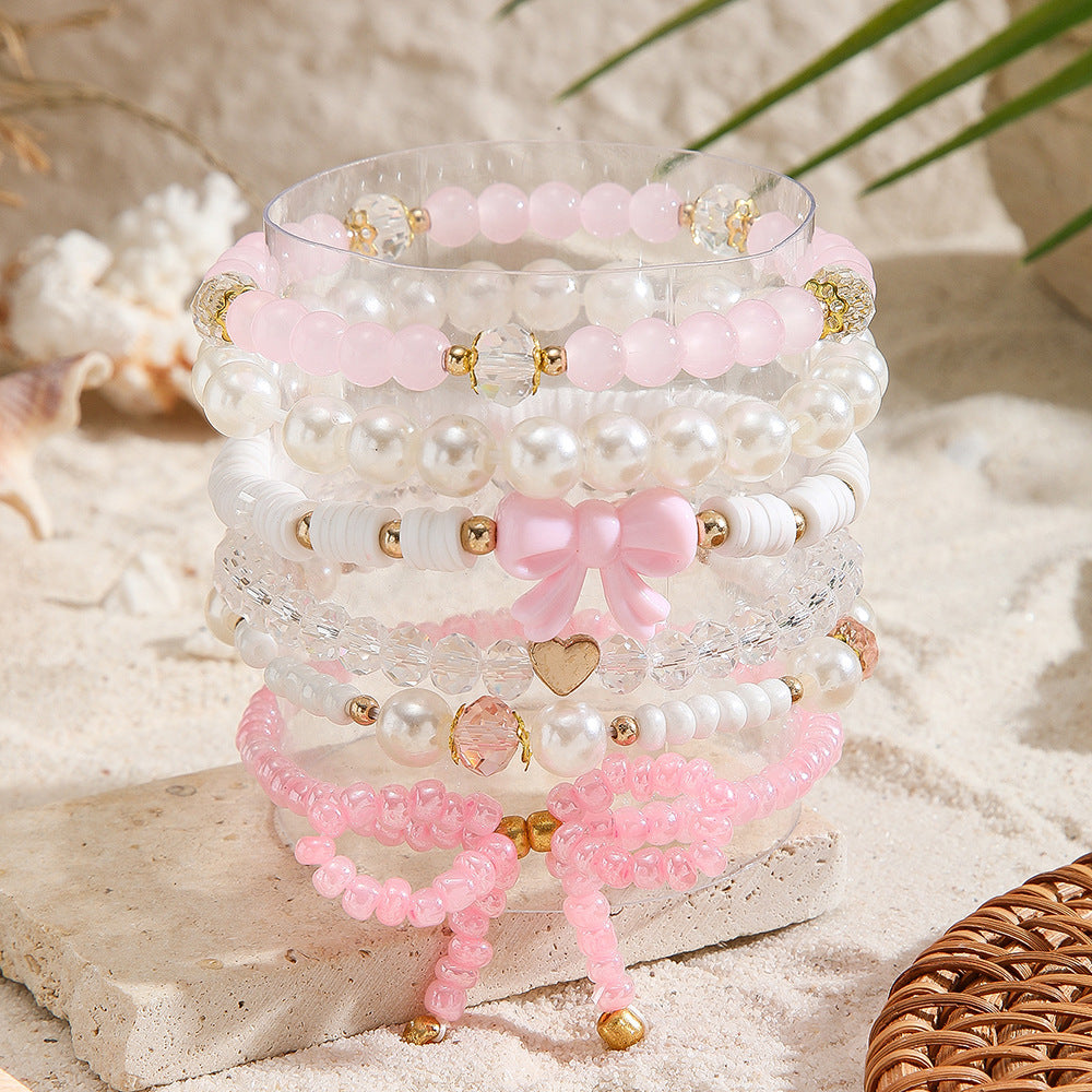 Sweet Cute Pink Glass Heart Bow Pearl Beaded Bracelet for Women