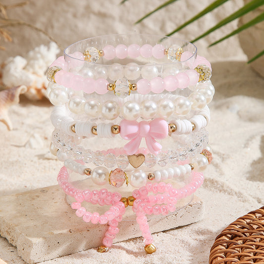 Sweet Cute Pink Glass Heart Bow Pearl Beaded Bracelet for Women