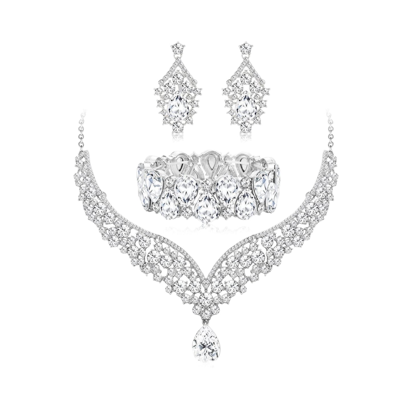 Elegant Heart and Teardrop Shaped Rhinestone Pendant Necklace Set with Electroplated O-Chain, Earrings and Bracelet for Women
