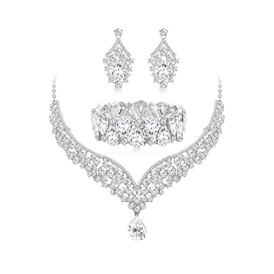 Elegante Conjunto de Collar con Colgante de Pedrería en Forma de Corazón y Lágrima con Cadena O Electrochapada, Pendientes y Pulsera para Mujer