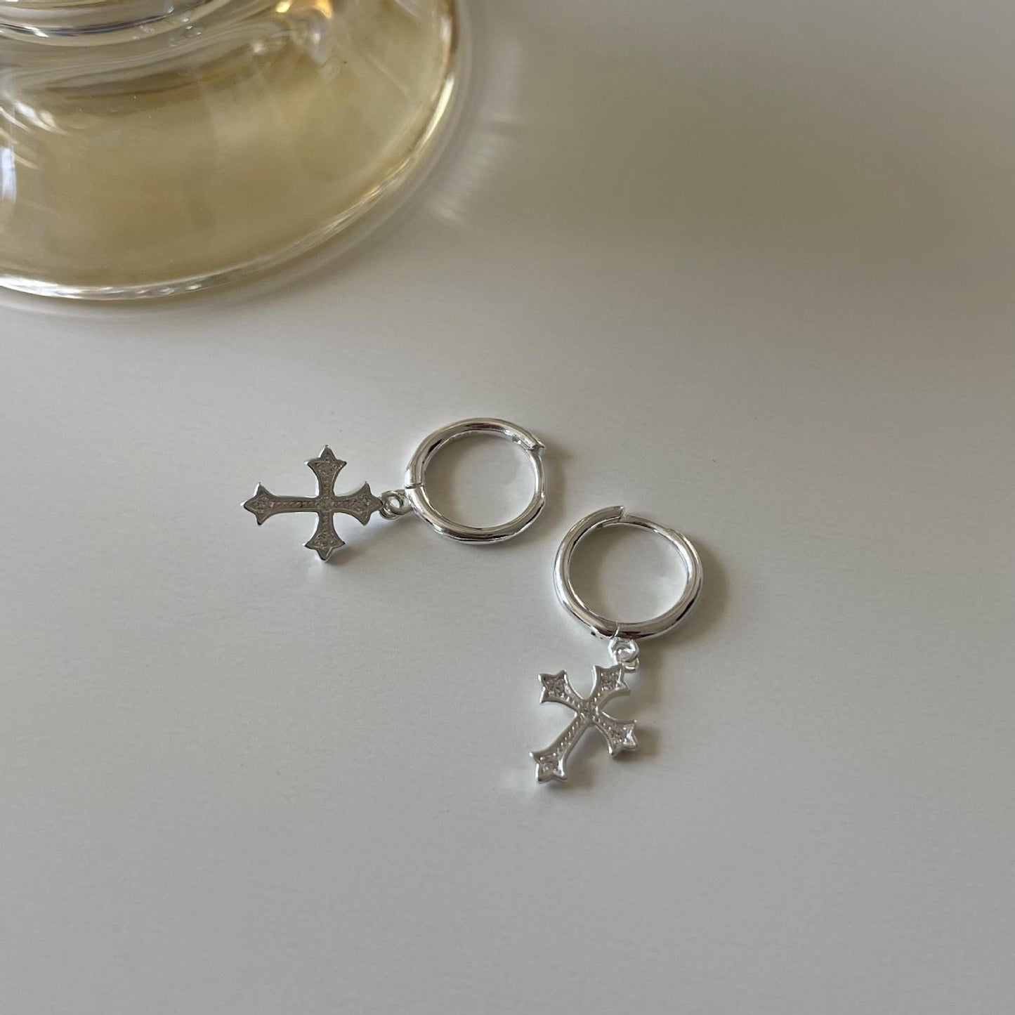 Minimalist 925 Sterling Silver Cross Earrings Plated Hoop Studs for Women