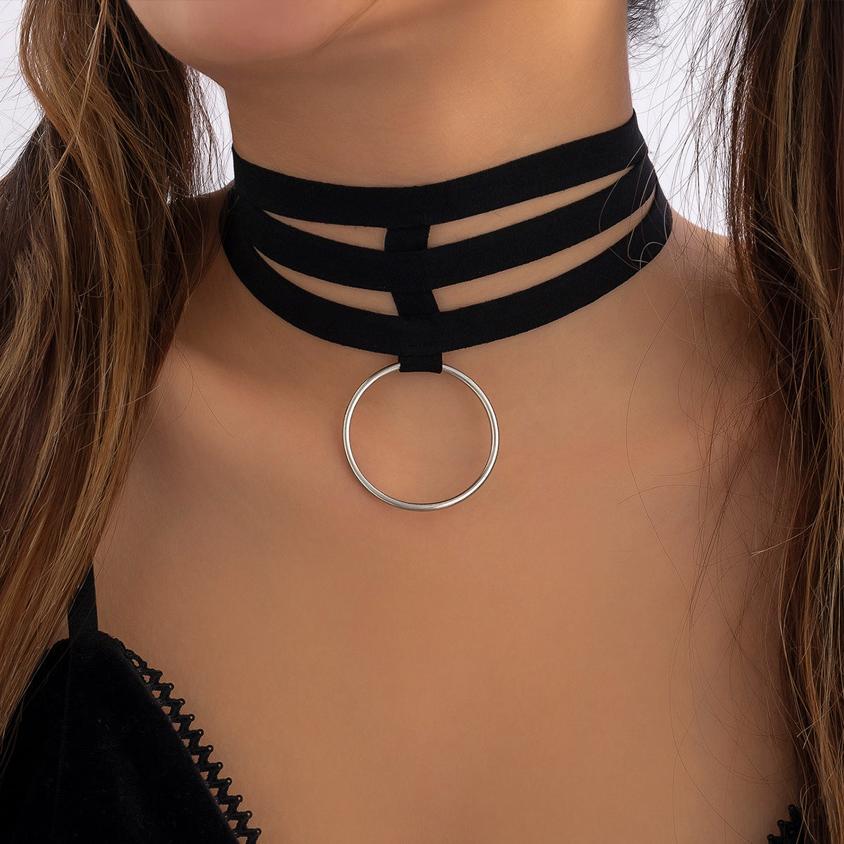 Dark Punk Geometric Round Black Elastic Choker Necklace