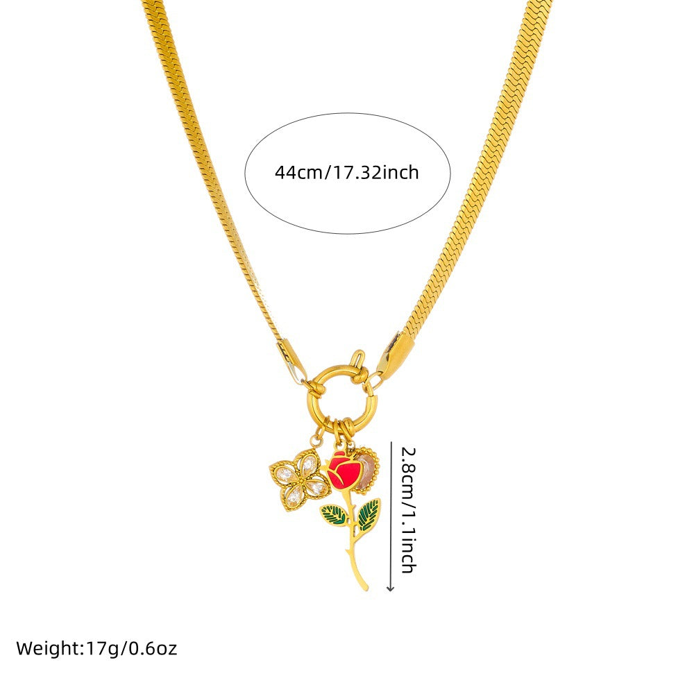 Collana Pendente Rosa Floreale in Stile Vintage in Acciaio Inossidabile con Placcatura Oro su Catena Snake con Chiusura ad Anello a Molla