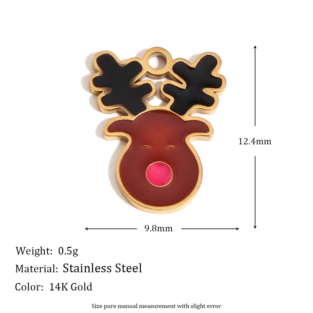 Cute Cartoon Christmas Santa Elk Reindeer Pendant with Stainless Steel Base Plated in 14K Gold and Enamel Finish for Holiday Season