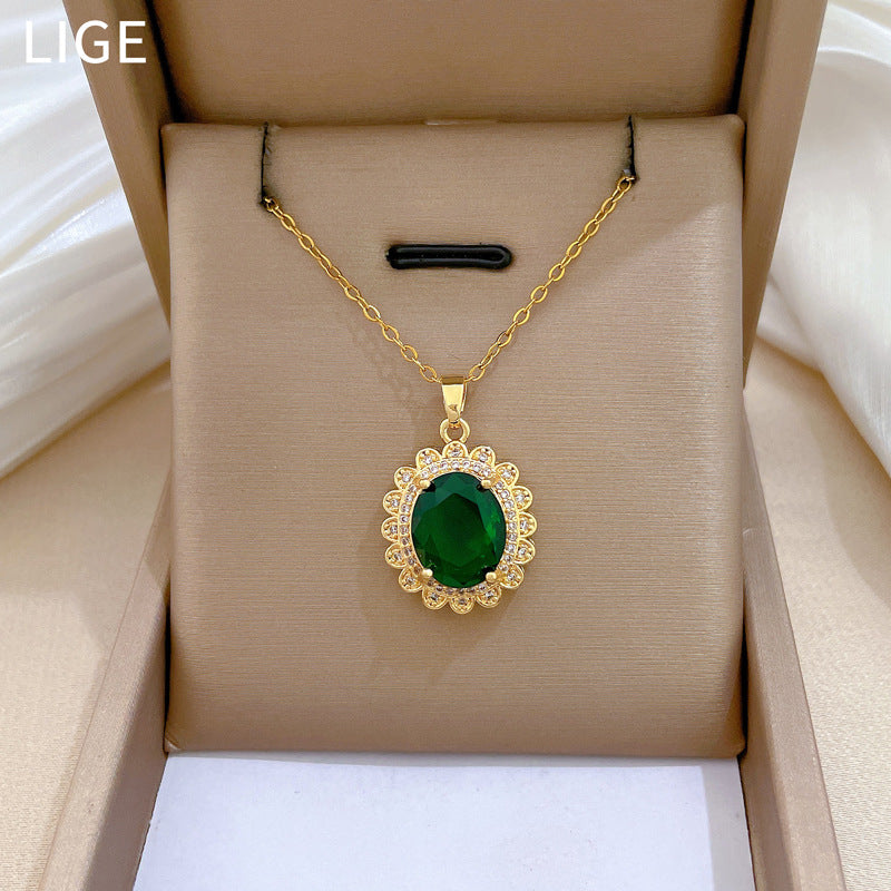 Collana da Donna Vintage a Forma di Uovo in Acciaio Inox con Intarsio Completo di Strass, Delicata Catena per Clavicole