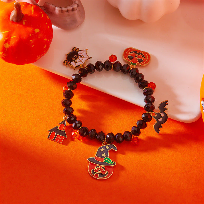 Bracciale con perline a tema Halloween con ciondoli a forma di zucca e fantasma, gioielli fatti a mano in lega con forme geometriche e cristalli per donna