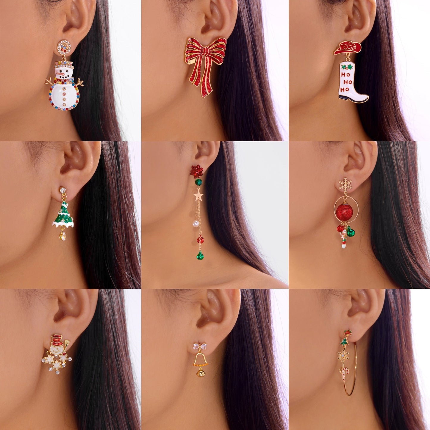 Pendientes colgantes temáticos navideños con diseño de copo de nieve, árbol, muñeco de nieve, bota de vaquero y borla de campana en aleación de zinc con acabado galvanizado para uso unisex