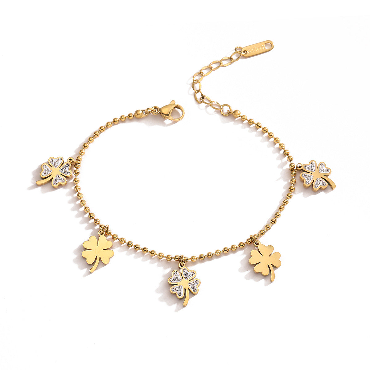 Bracciale da donna minimalista geometrico con quadrifoglio e perline in acciaio al titanio placcato oro con intarsio di zirconi