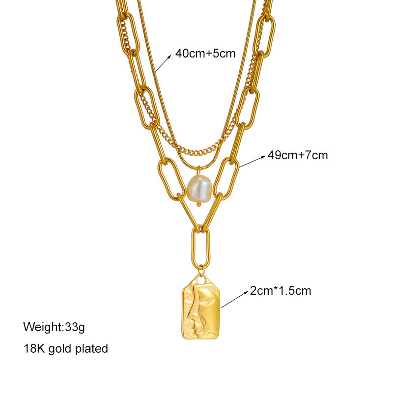 Vintage Fashion Geometric Titanium Steel Plated Necklace with Pearl and Face Pendant for Women