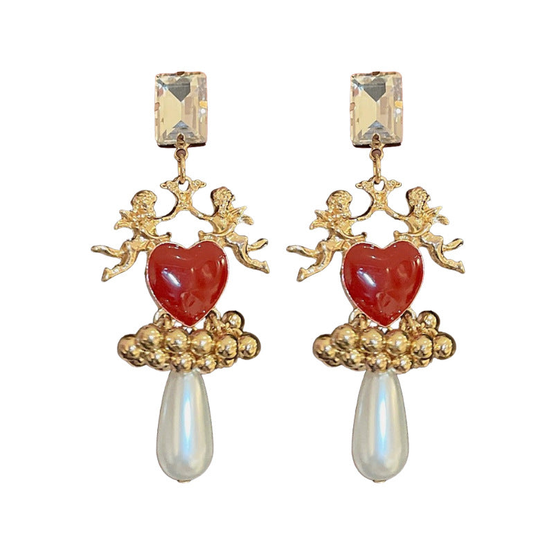 Vintage Heart-Shaped Enamel Alloy Stud Earrings with Tassel Accents for Women