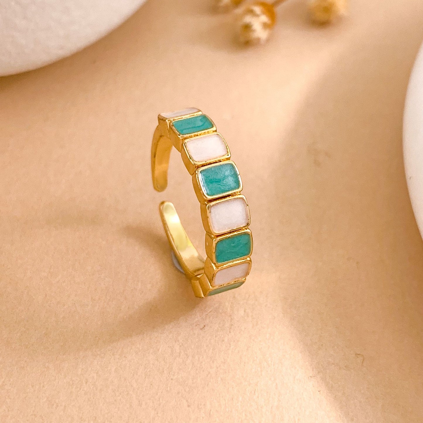 Minimalist Sweet Square Geometric Enamel Gold Plated Brass Ring for Women Adjustable