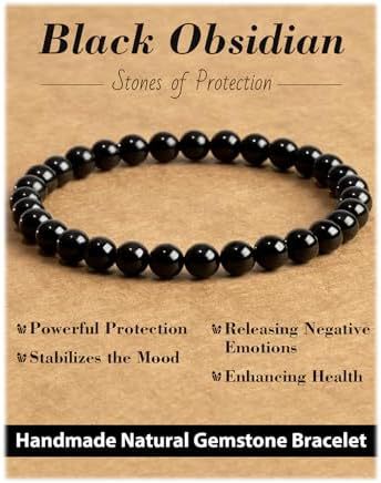 Natural Obsidian and Amazonite Stone Beaded Bracelet 6mm Elastic Stretch Bangle Unisex Handmade Jewelry