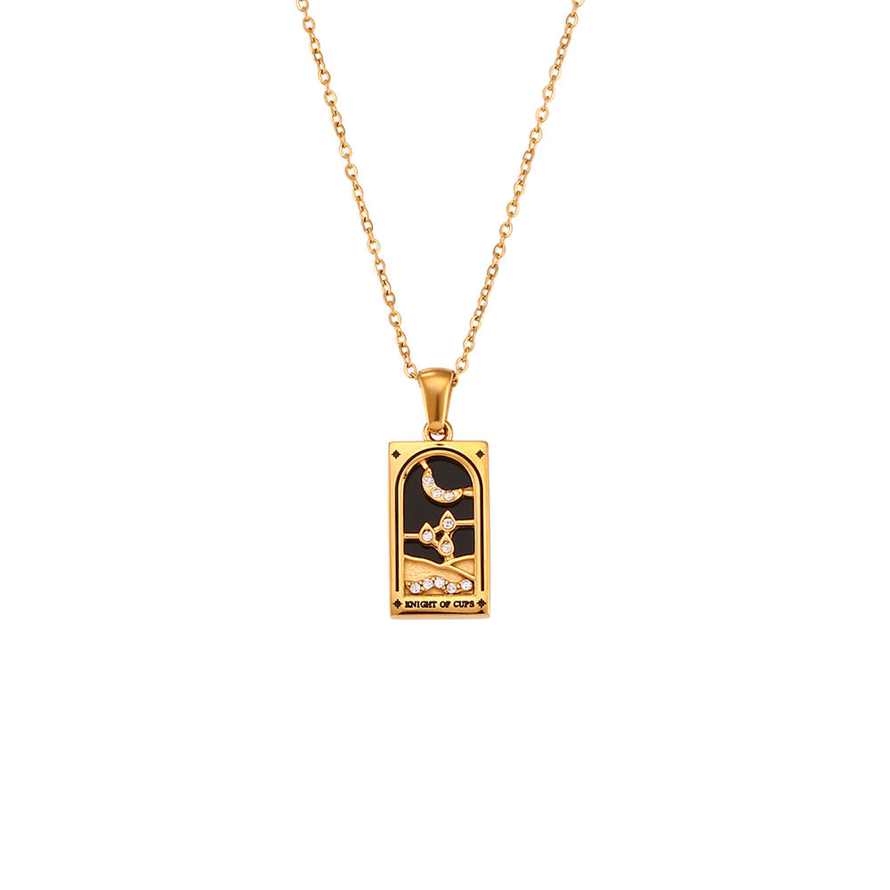 Fashionable Vintage Rectangular Titanium Steel Pendant Necklace with Enamel Finish and Zircon Inlay for Women