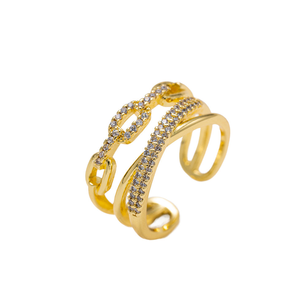 Anillo abierto ajustable chapado en oro de 18 quilates con incrustaciones de circonitas y diseño geométrico de lujo ligero clásico para mujer