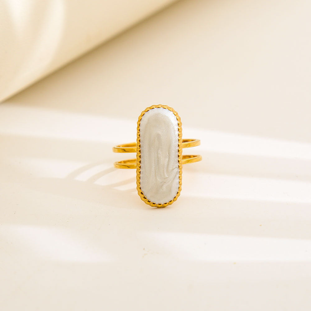 Anello geometrico rotondo in acciaio al titanio con smalto bianco e nero, regolabile, in stile vintage