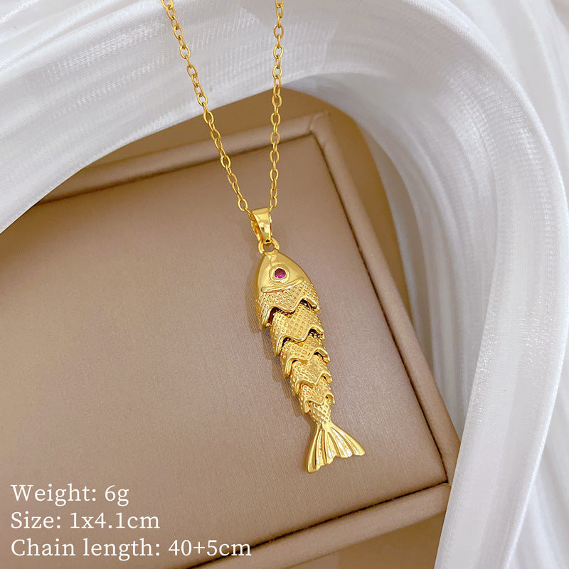 Sweet Luxury Geometric Rhinestone Koi Fish Pendant Titanium Steel Necklace for Unisex