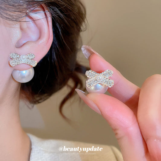 Elegant Bow-Shaped Pearl Stud Earrings with Rhinestone Inlay for Women — Lightweight Luxury Everyday Fashion Jewelry