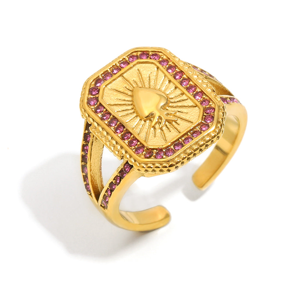 Anello da donna in acciaio inossidabile con placcatura in oro 18 carati e finitura smaltata, stile geometrico francese vintage