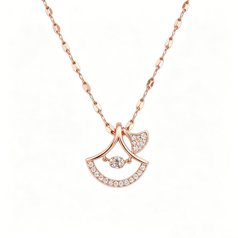 Sweet Elegant Ginkgo Leaf Plant Shape Rhinestone Inlay Titanium Steel Necklace with Cable Chain for Unisex