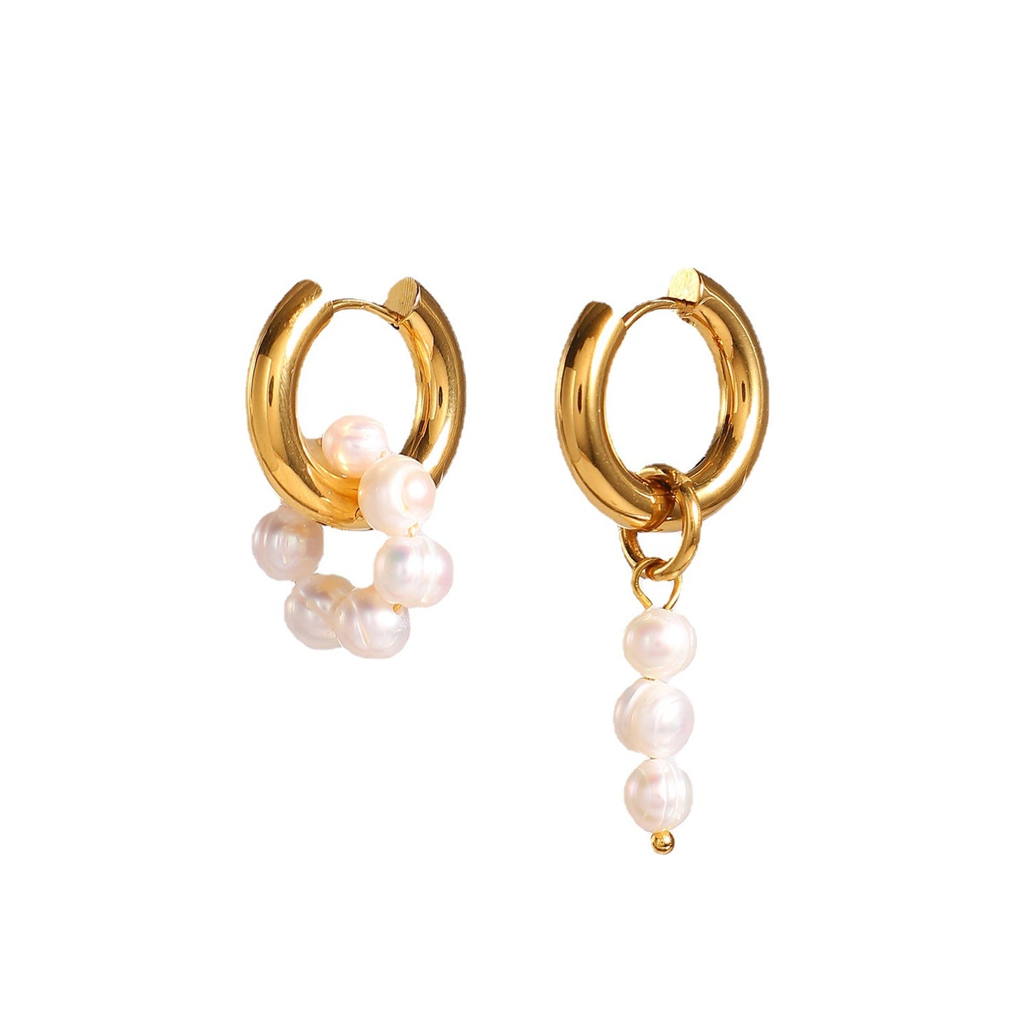 Orecchini a Cerchio Pendenti con Perle d'Acqua Dolce Ovali Asimmetriche in Acciaio Inossidabile con Placcatura in Oro 18K