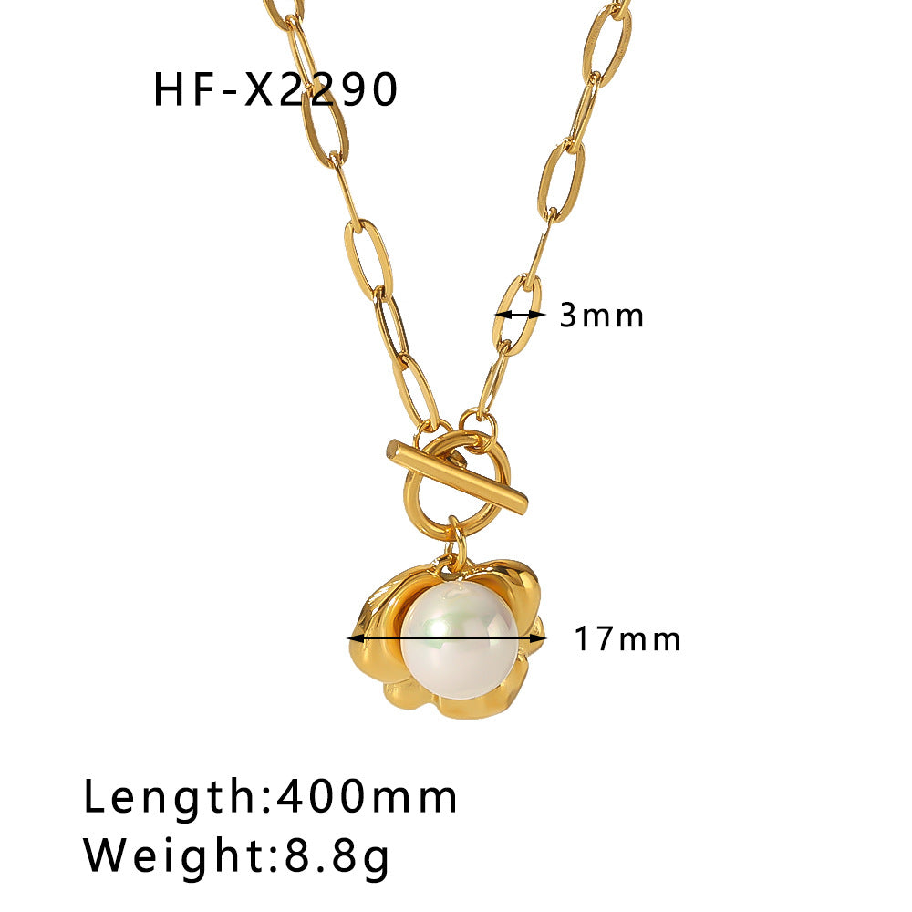 Collana Minimalista Geometrica in Acciaio Titanio con Pendente di Perla d'Acqua Dolce su Catena O, Placcata Sottovuoto in Oro 18K