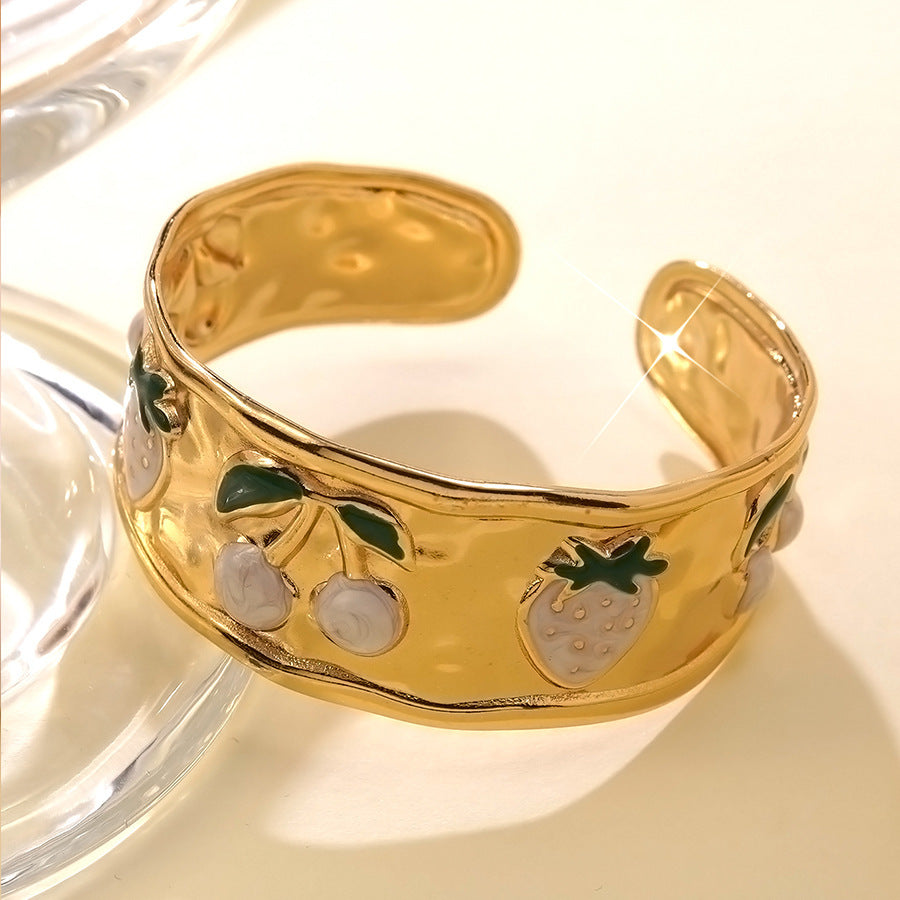 Elegante Pulsera Abierta de Lujo Floral con Esmalte de Aceite de Acero Inoxidable y Titanio con Cereza