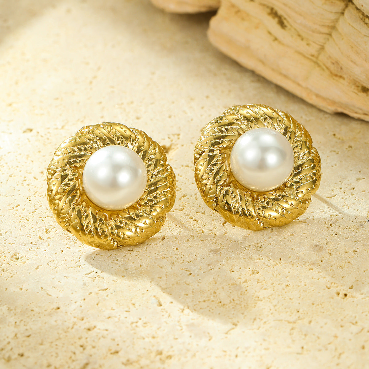Vintage Geometric Stainless Steel Stud Earrings with Pearl Inlay for Women