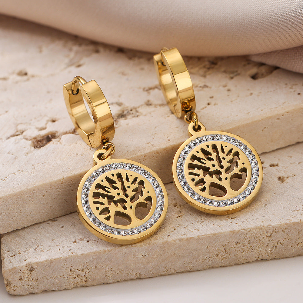Minimalist Geometric Titanium Steel Earrings for Women with Rhinestone Tree Inlay and Plated Finish